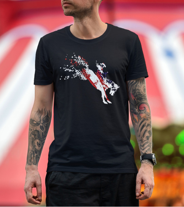 Premium T-Shirt: Rodeo American Pride Bronc Riding Flag Burst T-Shirt Rodeo American Pride Bronc Riding Flag Burst T-Shirt