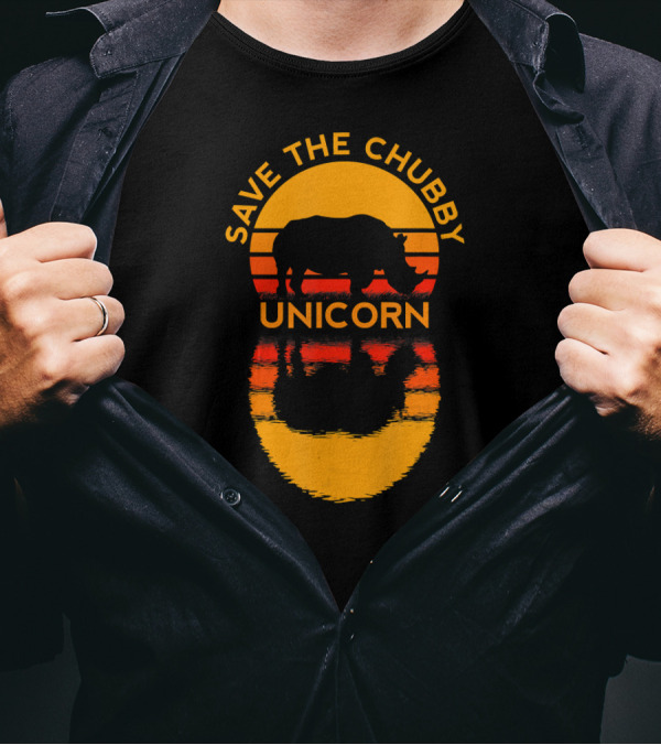 Save The Chubby Unicorn Rhino Retro Sunset T-Shirt