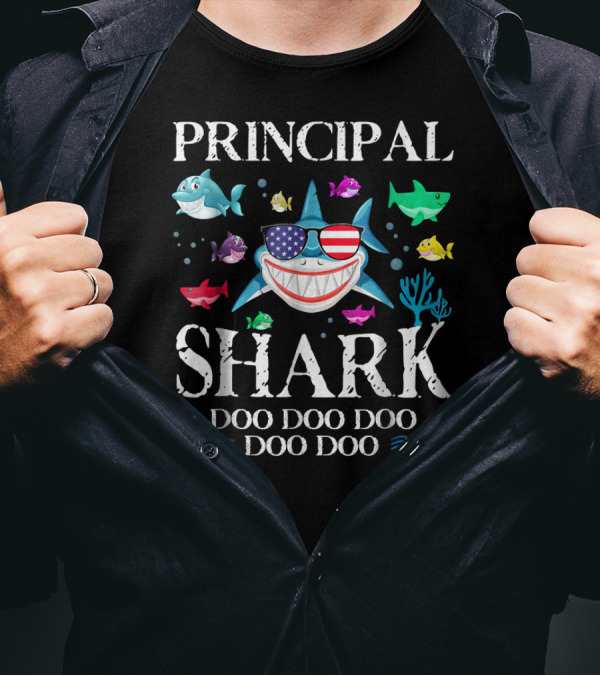 Principal Shark Doo Doo Doo Doo Doo American Flag Sunglasses Colorful Baby Sharks T-Shirt