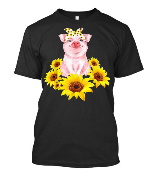 Cute Sunflower Adorned Piggy With Polka Dot Banda Surrounded By Sunflowers T-Shirt