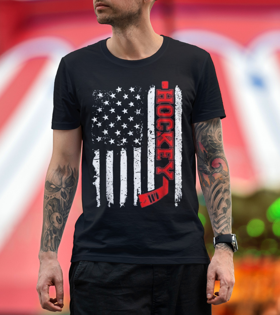 Hockey Stick Red American Flag Distress T-Shirt