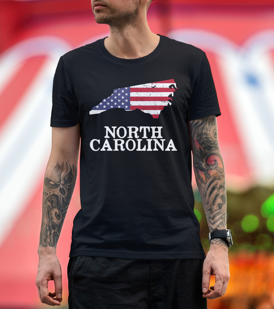 North Carolina Map with American Flag T-Shirt