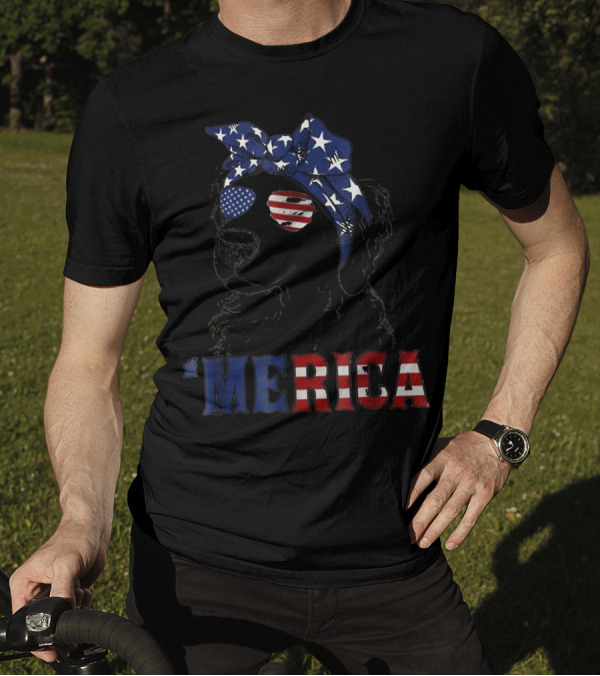 'Merica Patriotic American Flag Golden Retriever With Stars And Stripes Bandana And Sunglasses T-Shirt