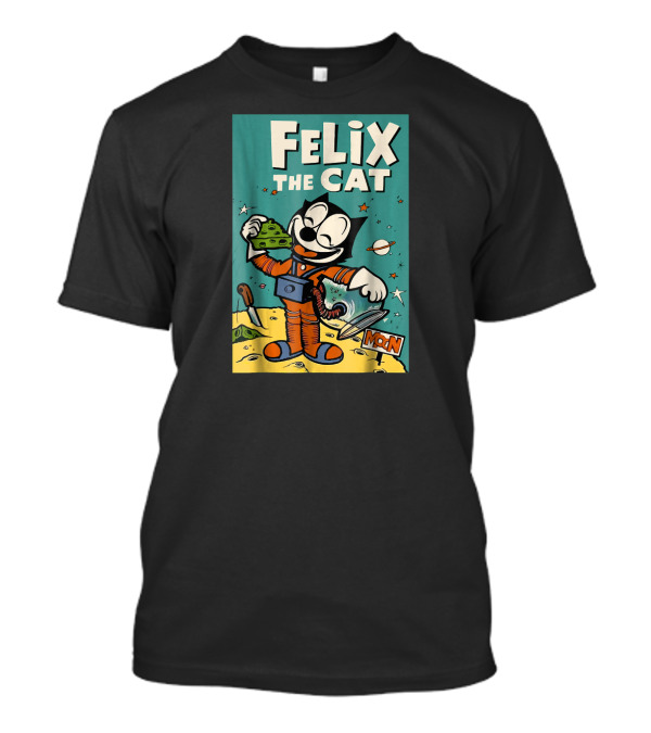 FELIX THE CAT EATING GREEN CHEESE ON THE MOON IN A SPACESUIT WITH PLANETS AND STARS T-Shirt