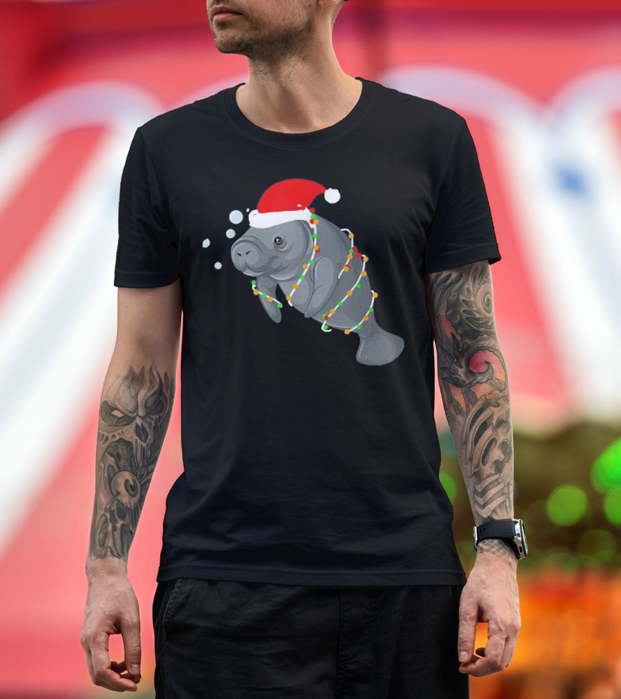 Festive Manatee Santa Hat Ugly Christmas Lights T-Shirt