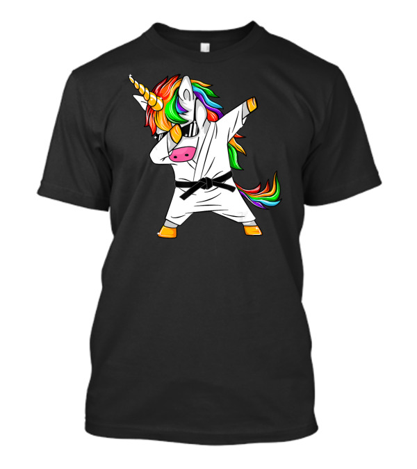 Dabbing Unicorn Karate Jiu Jitsu Taekwondo Black Belt Rainbow Mane T-Shirt