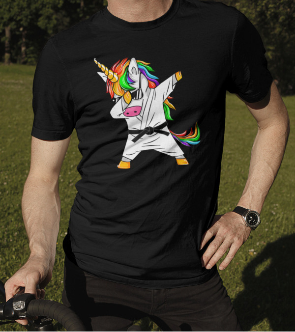 Dabbing Unicorn Karate Jiu Jitsu Taekwondo Black Belt Rainbow Mane T-Shirt