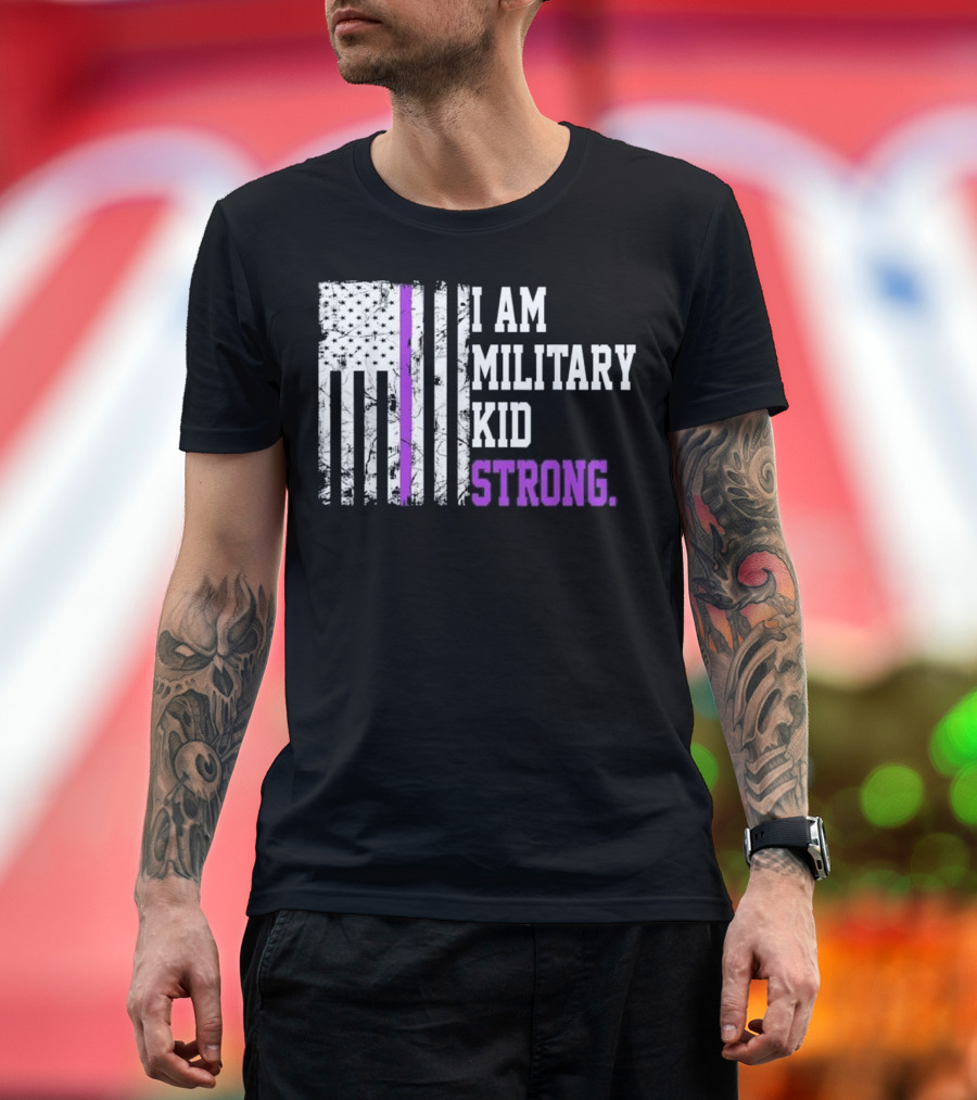 I Am Military Kid Strong American Flag With Purple Line T-Shirt