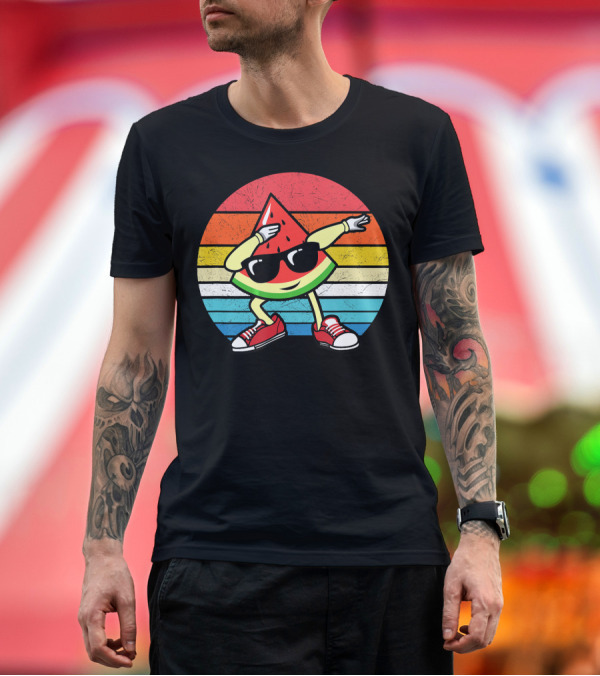 Premium T-Shirt: Vintage Summer Dabbing Watermelon with Sunglasses and Retro Stripes T-Shirt Vintage Summer Dabbing Watermelon with Sunglasses and Retro Stripes T-Shirt