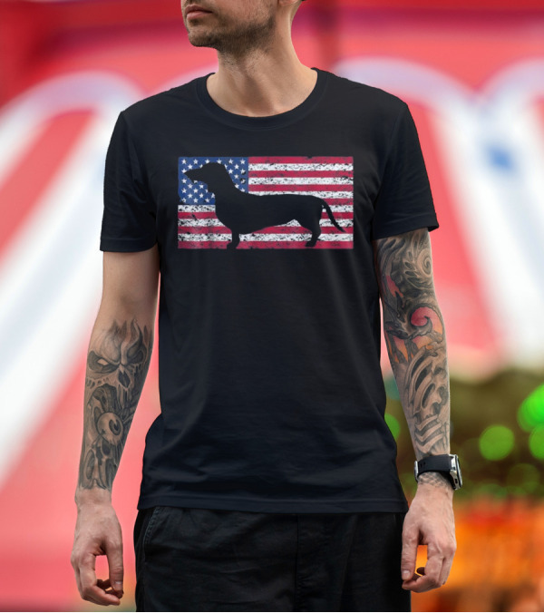 Premium T-Shirt: Dachshund Dog Silhouette American Flag Patriot T-Shirt Dachshund Dog Silhouette American Flag Patriot T-Shirt