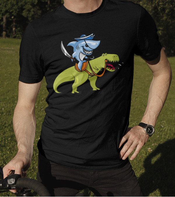 Shark Pirate Riding A T-Rex Dinosaur Fun Adventure T-Shirt