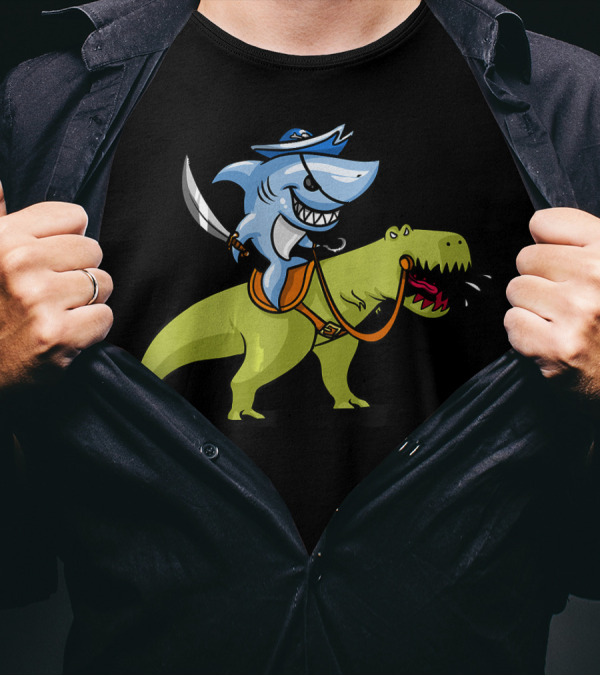 Shark Pirate Riding A T-Rex Dinosaur Fun Adventure T-Shirt