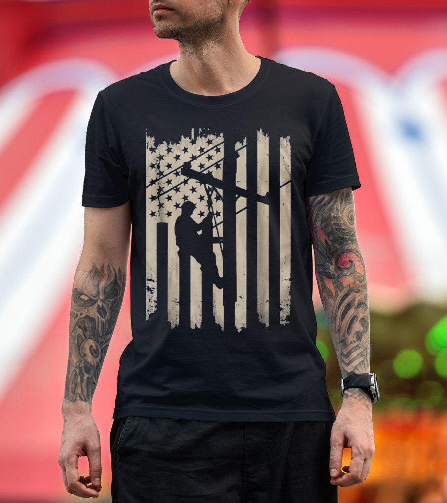Lineman Climbing Utility Pole with American Flag Background Electrician T-Shirt