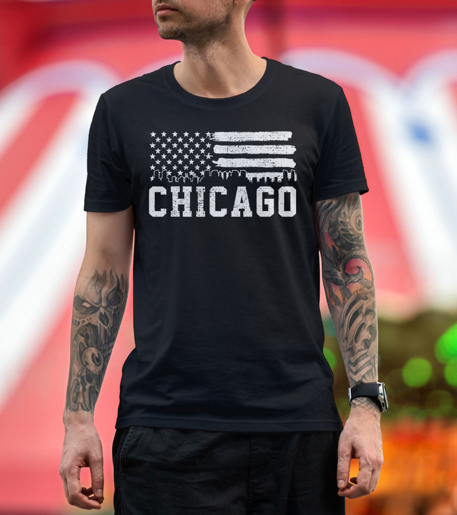 Chicago Skyline American Flag USA 4th Of July T-Shirt