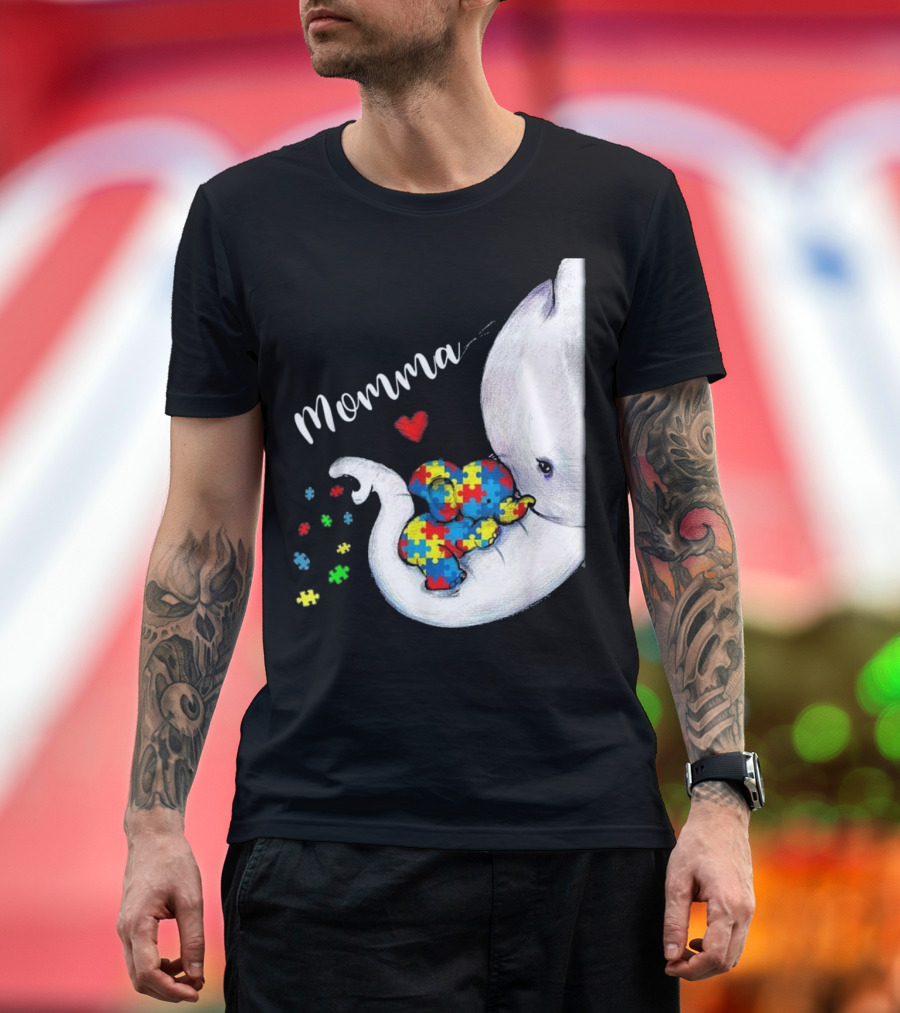 Momma Elephant Autism Awareness Puzzle Heart T-Shirt