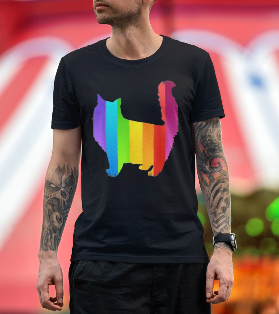 Fluffy Rainbow Cat Silhouette with Vibrant Colors T-Shirt