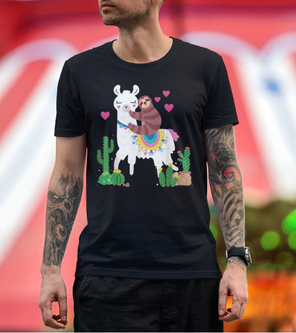 Premium T-Shirt: Sloth Hugging Llama with Colorful Blanket Surrounded by Cactus and Hearts T-Shirt Sloth Hugging Llama with Colorful Blanket Surrounded by Cactus and Hearts T-Shirt