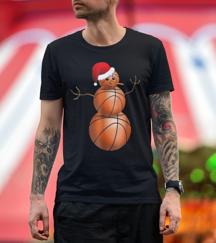 Christmas Basketball Snowman with Santa Hat T-Shirt