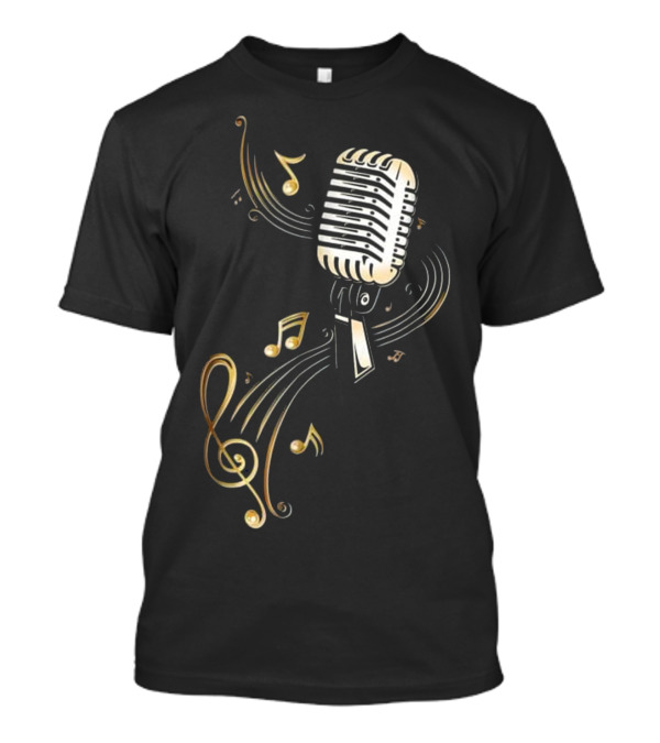 Vintage Microphone With Golden Music Notes And Treble Clef T-Shirt