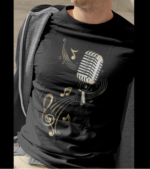 Vintage Microphone With Golden Music Notes And Treble Clef T-Shirt