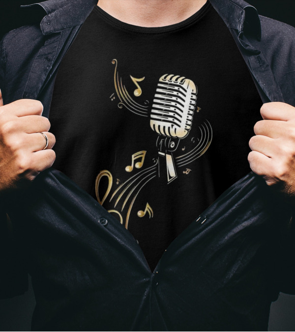 Vintage Microphone With Golden Music Notes And Treble Clef T-Shirt