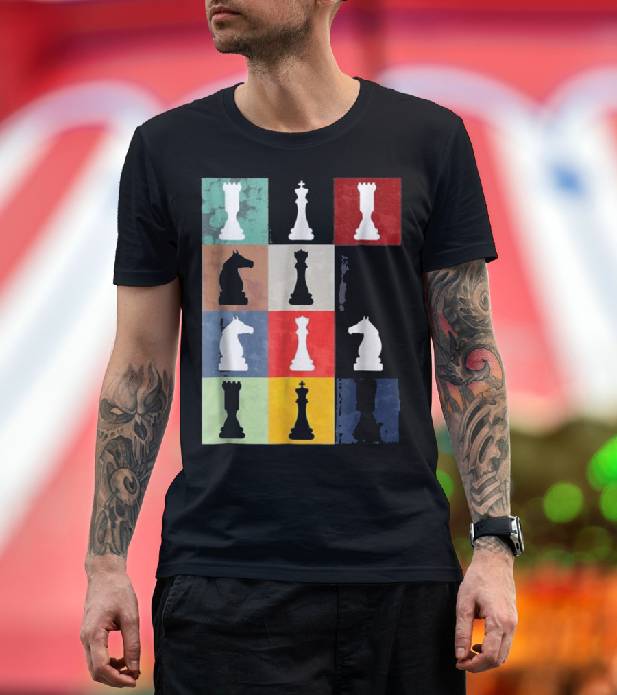 Vintage Chess Pieces on Multicolor Grid T-Shirt