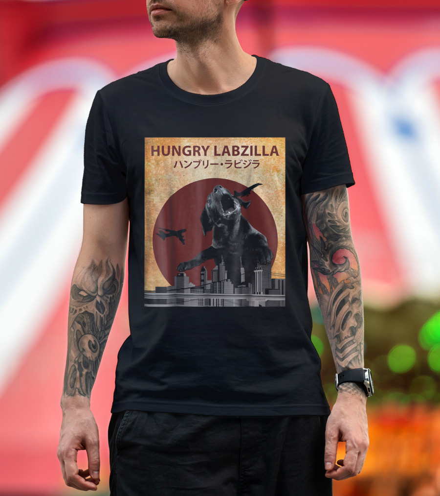 Hungry Labzilla Labrador Black Lab Kaiju Cityscape T-Shirt