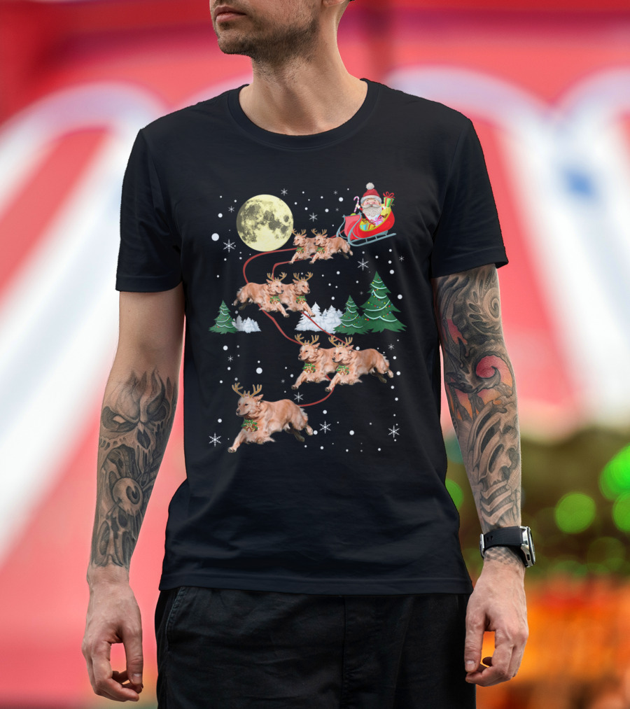 Santa's Golden Retriever Reindeer Sleigh Ride Christmas Moon T-Shirt
