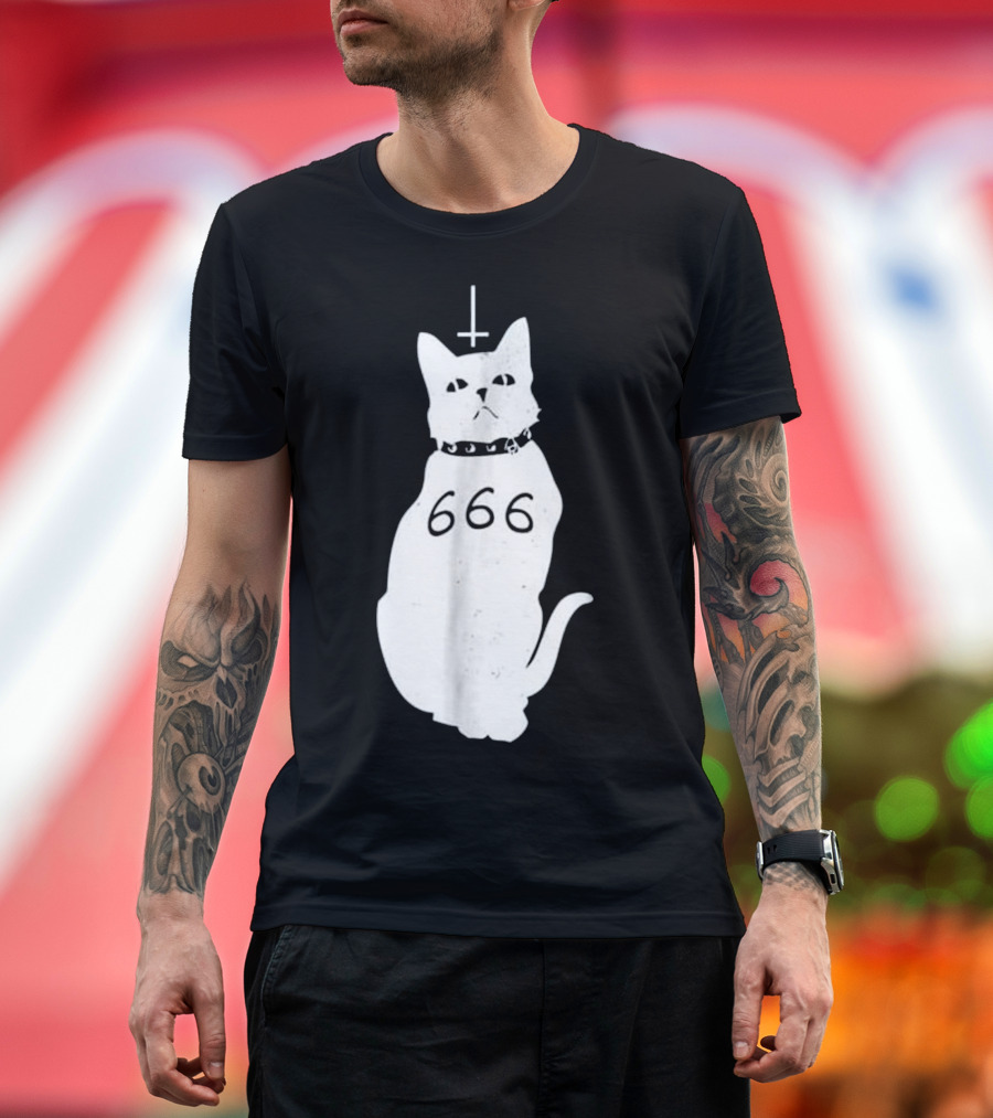 Hail Satan Demonic Cat 666 Cross T-Shirt
