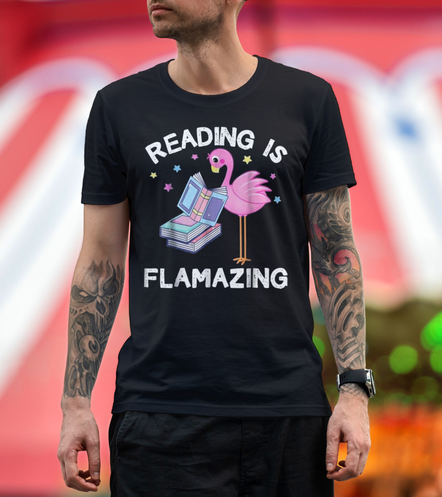 Reading Is Flamazing Flamingo with Books and Stars T-Shirt