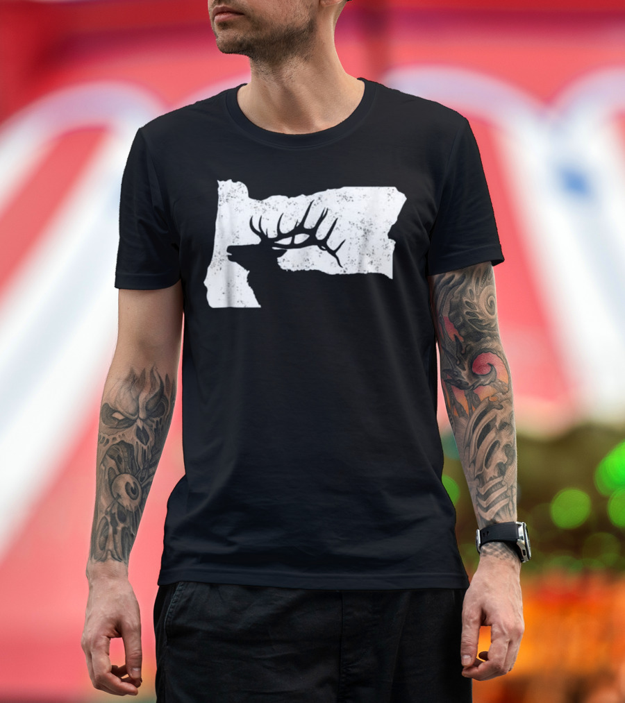 Oregon Elk Hunting Bull Silhouette Map T-Shirt