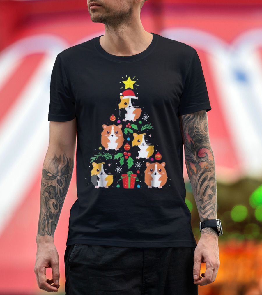 Funny Guinea Pig Lover Christmas Tree Cats Santa Hat Holiday T-Shirt