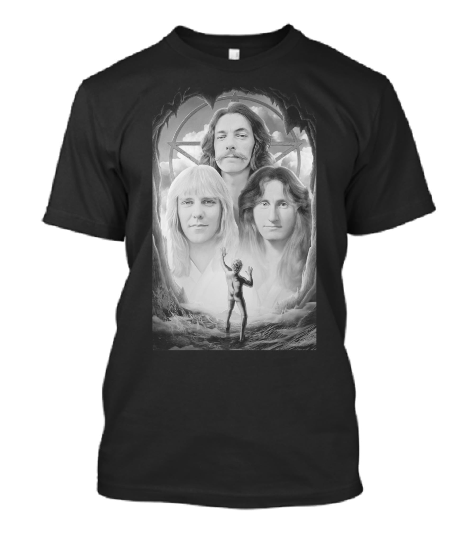 Rush Band Members With Starman Symbol And Celestial Background T-Shirt