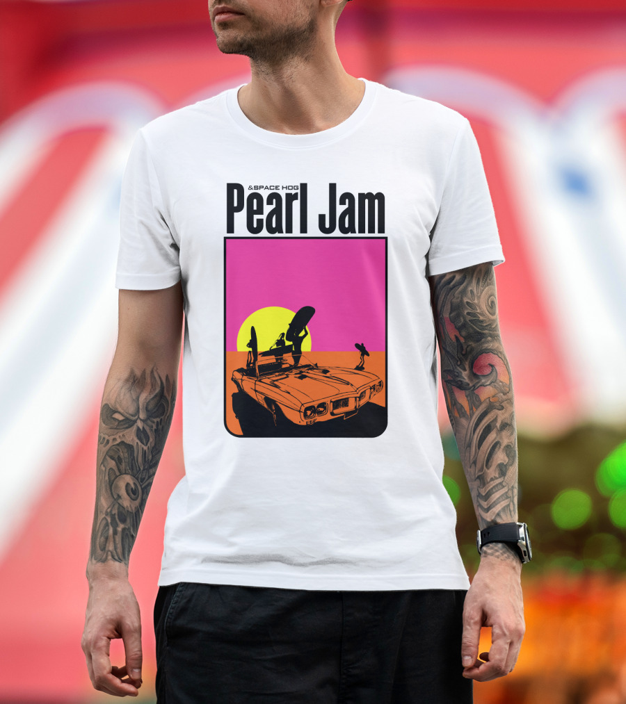 Pearl Jam & Space Hog Surfing Graphic Car Sunset T-Shirt