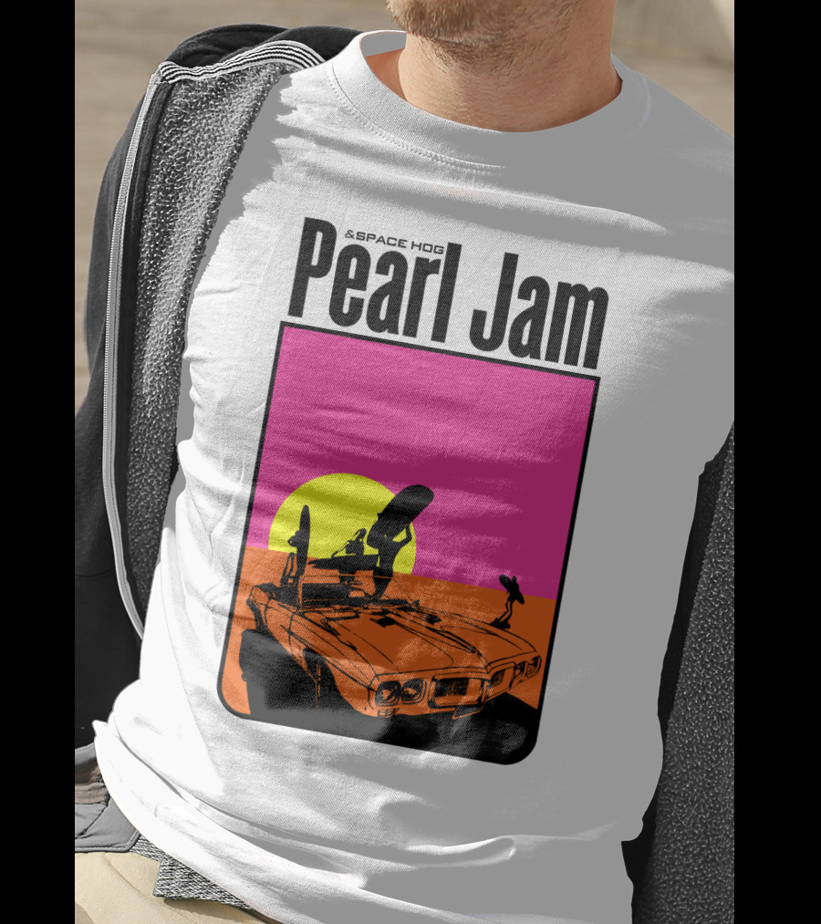 Pearl Jam & Space Hog Surfing Graphic Car Sunset T-Shirt
