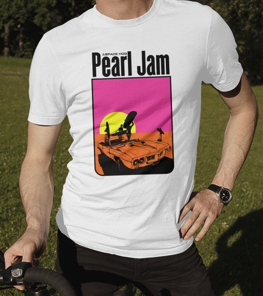 Pearl Jam & Space Hog Surfing Graphic Car Sunset T-Shirt