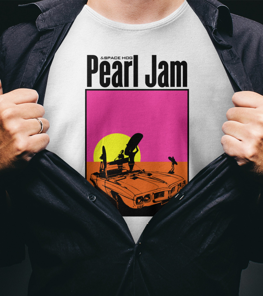Pearl Jam & Space Hog Surfing Graphic Car Sunset T-Shirt