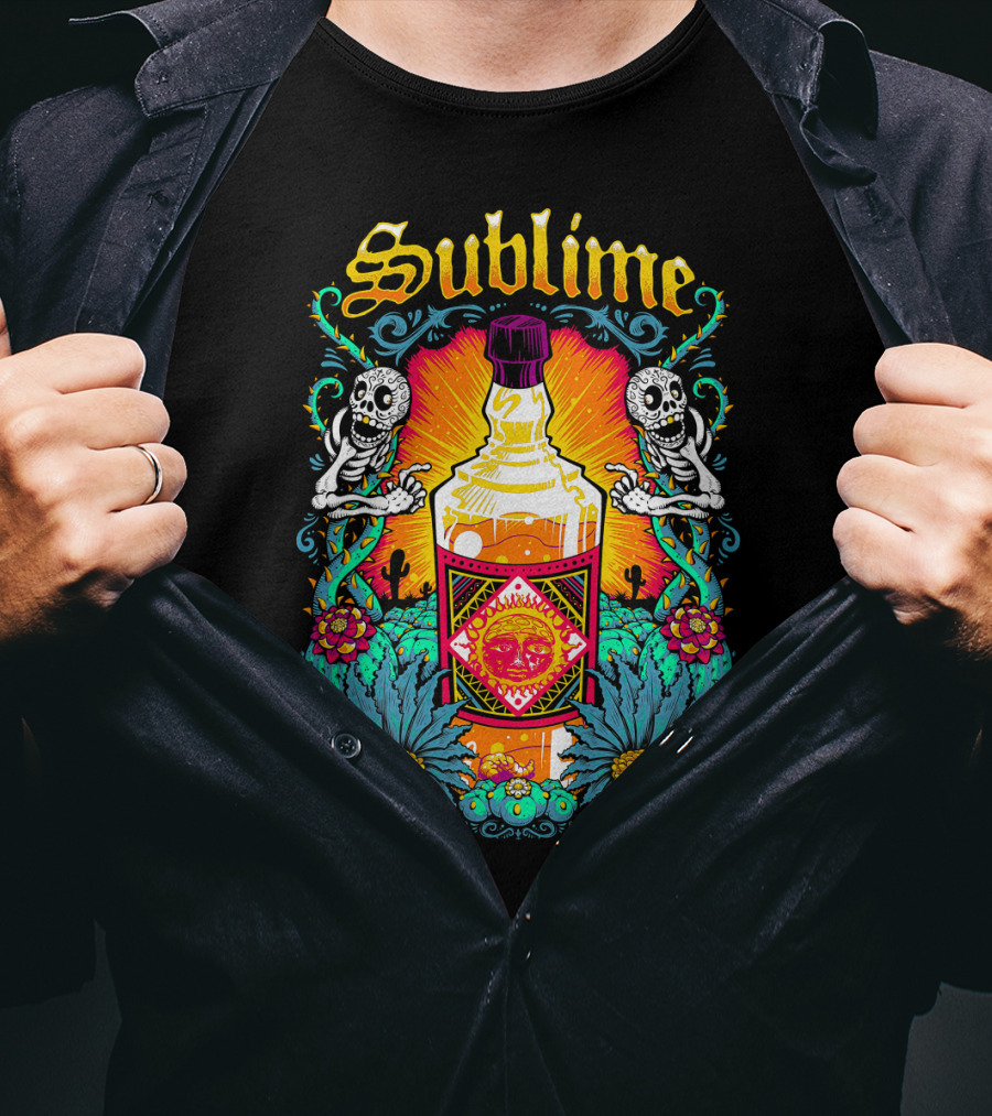 Sublime Tequila Bottle With Skeletons And Flowers T-Shirt