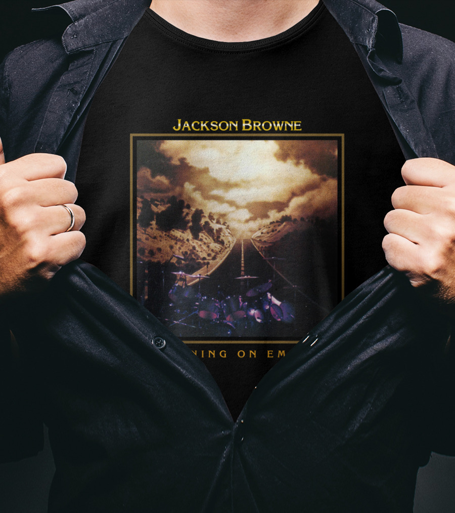 Jackson Browne Running On Empty Album Cover Scenic Road And Drum Set T-Shirt