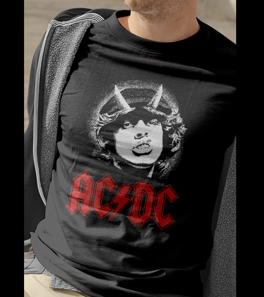 Acdc Rock Band Portrait With Red Logo And Horns T-Shirt