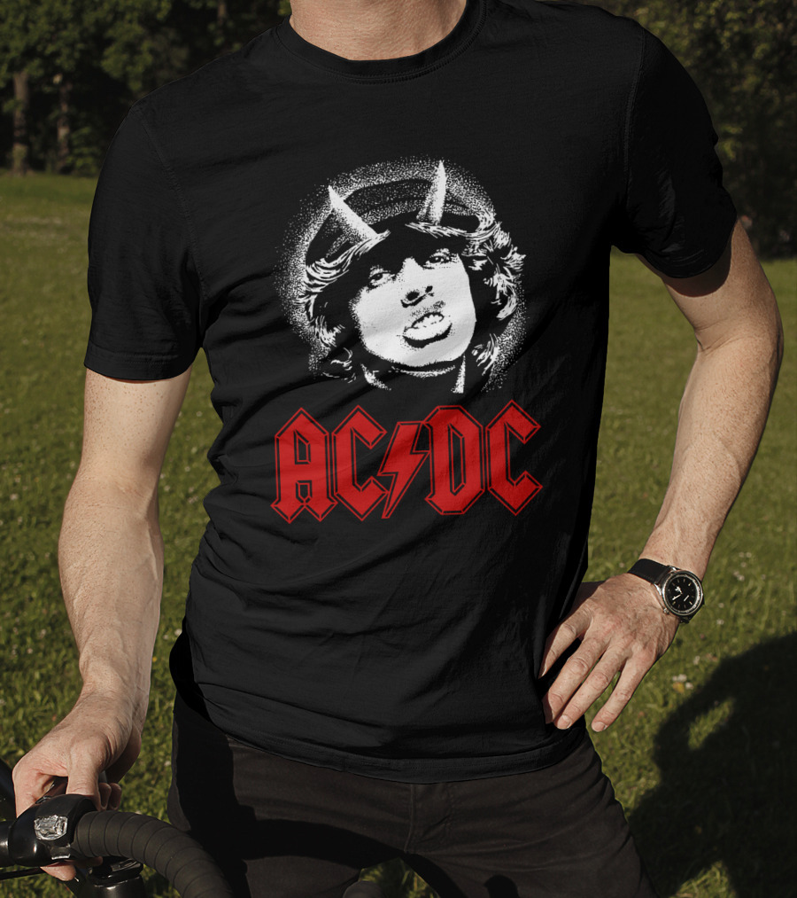Acdc Rock Band Portrait With Red Logo And Horns T-Shirt