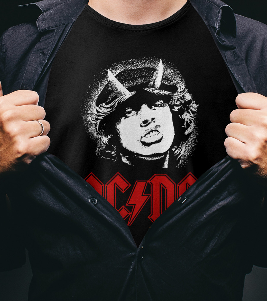 Acdc Rock Band Portrait With Red Logo And Horns T-Shirt