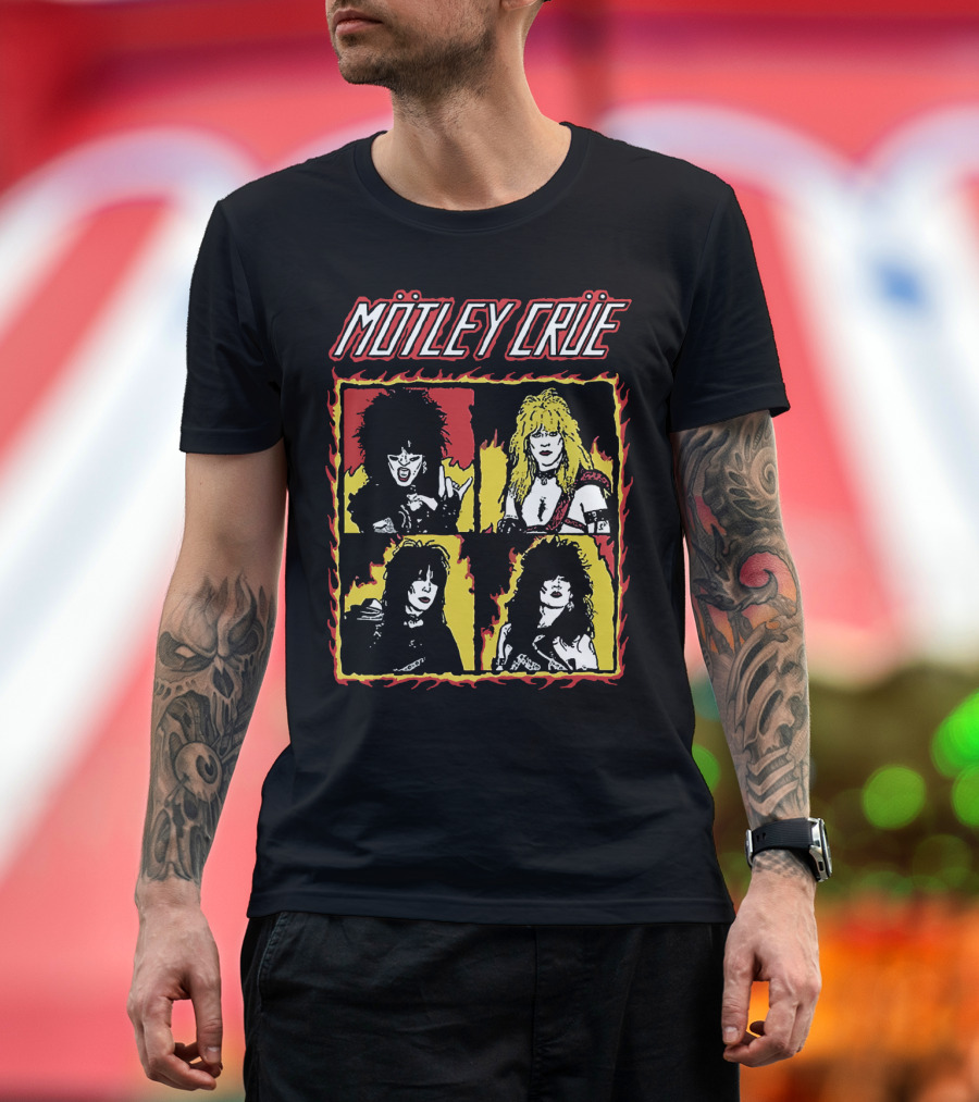 Mötley Crüe Cartoon Band Members Fire Border T-Shirt