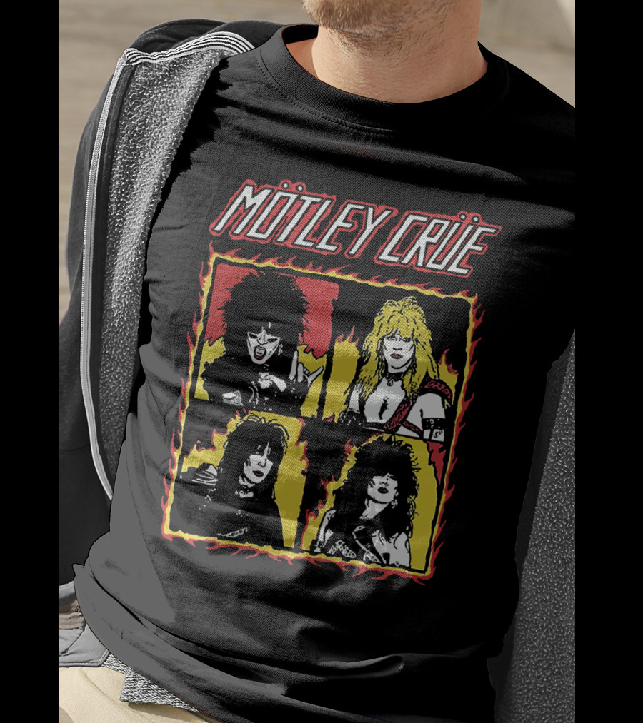 Mötley Crüe Cartoon Band Members Fire Border T-Shirt
