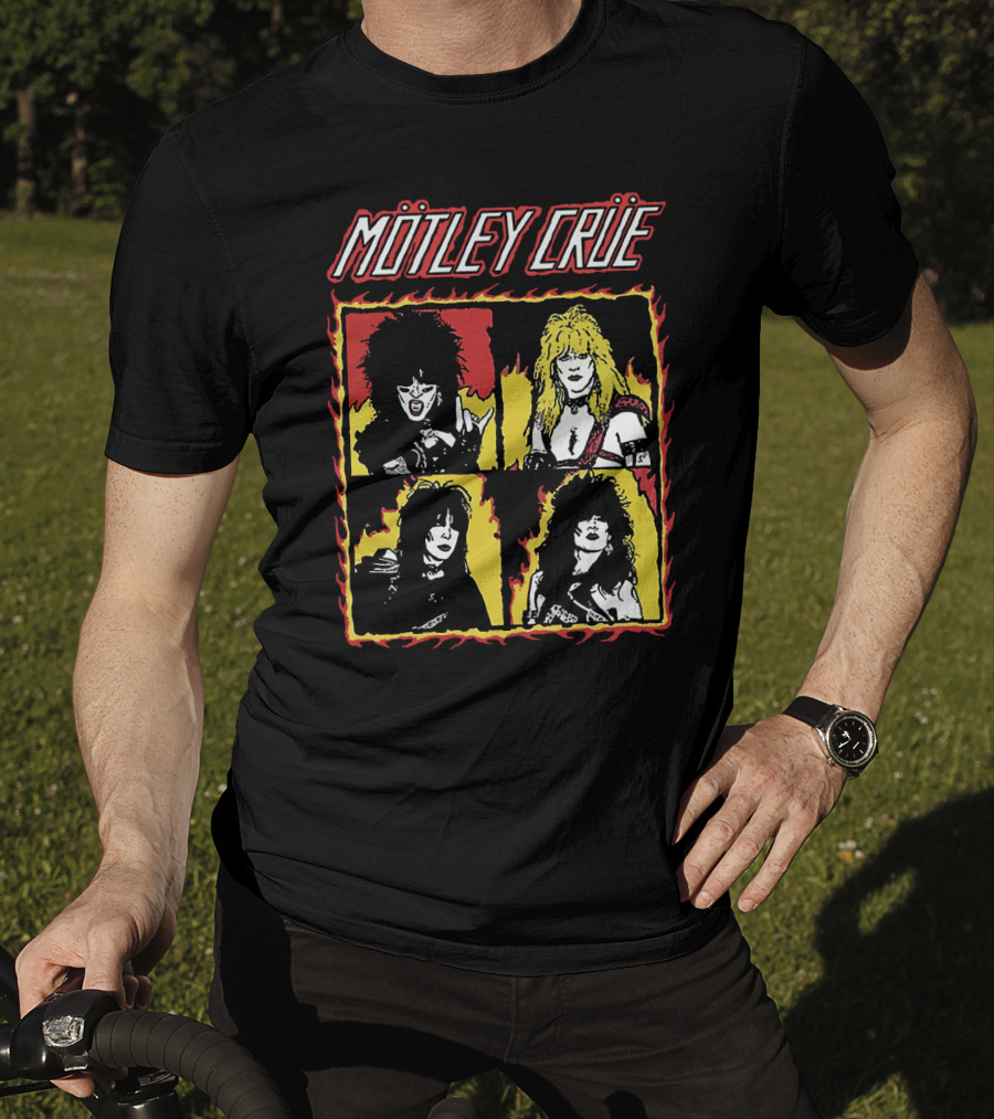 Mötley Crüe Cartoon Band Members Fire Border T-Shirt
