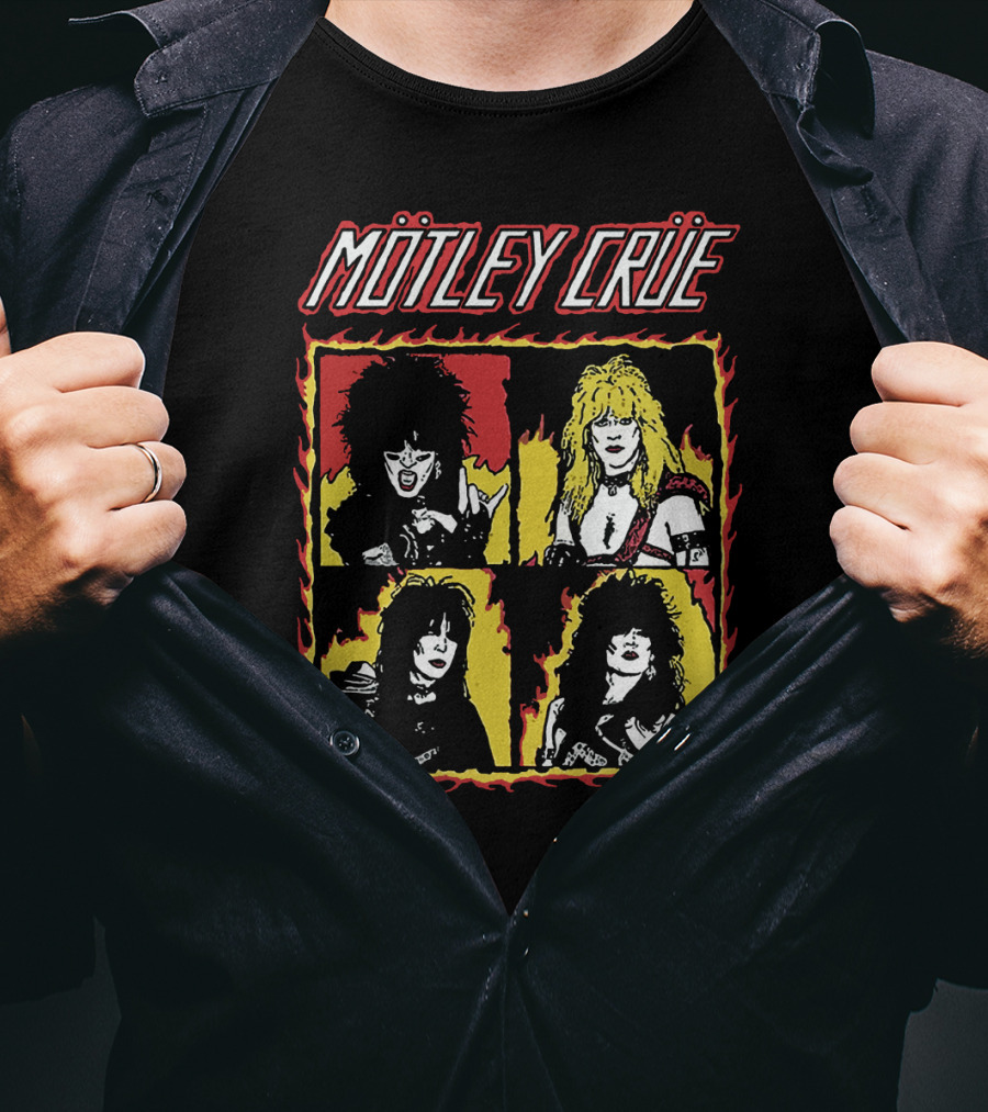 Mötley Crüe Cartoon Band Members Fire Border T-Shirt