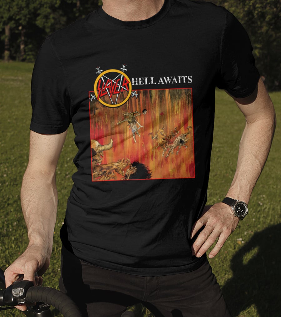 Slayer Hell Awaits Logo With Demonic Falling Figures And Fiery Scene T-Shirt