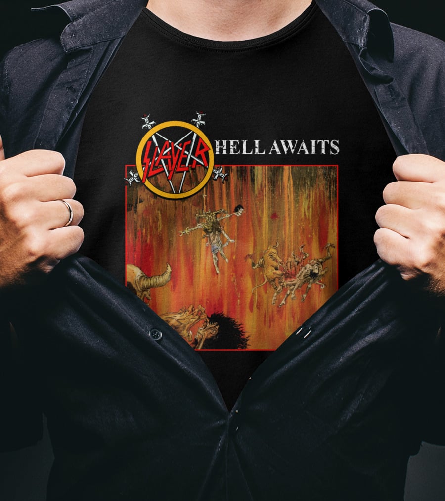 Slayer Hell Awaits Logo With Demonic Falling Figures And Fiery Scene T-Shirt