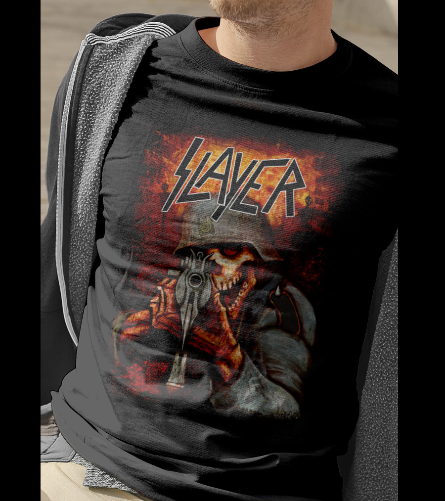Slayer Hellish Soldier Skeleton Aiming Gun Blaze T-Shirt
