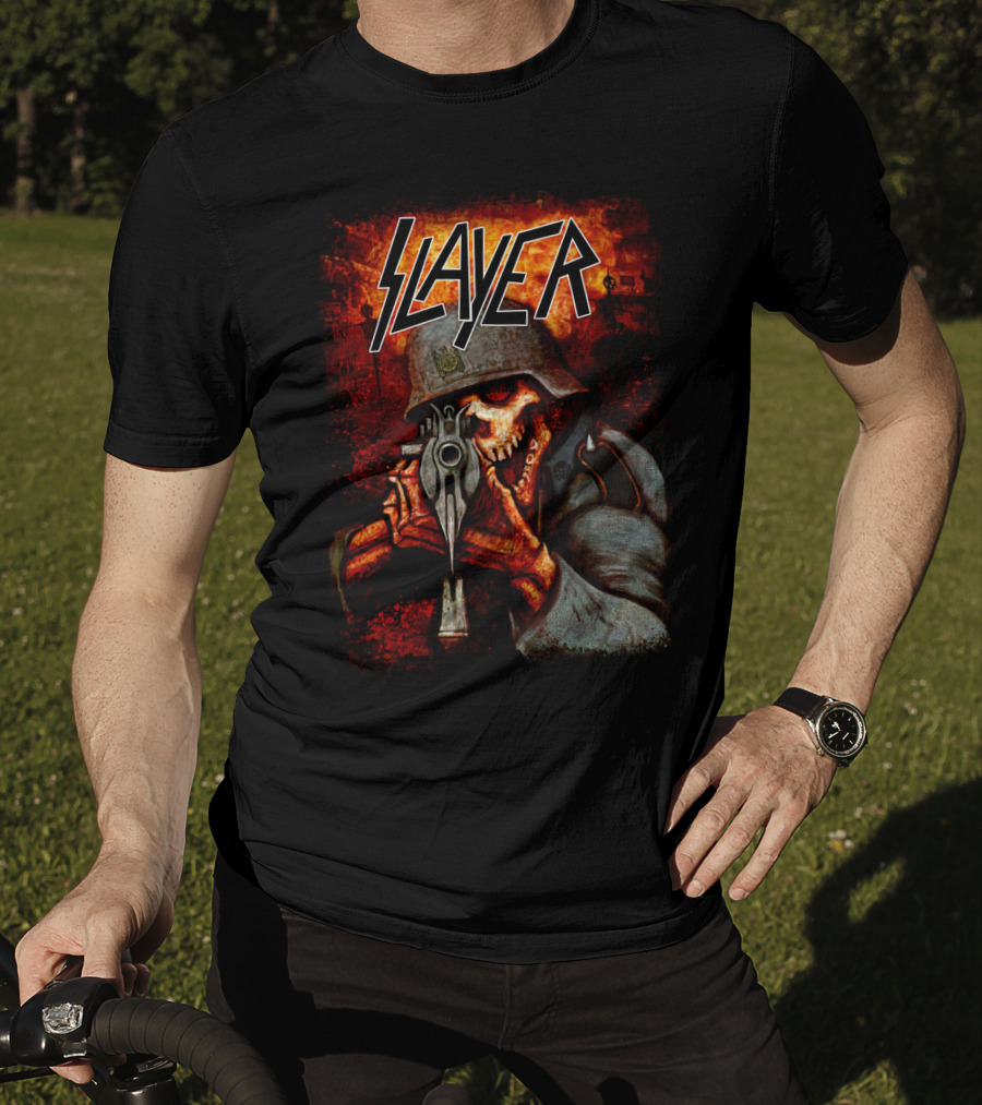 Slayer Hellish Soldier Skeleton Aiming Gun Blaze T-Shirt